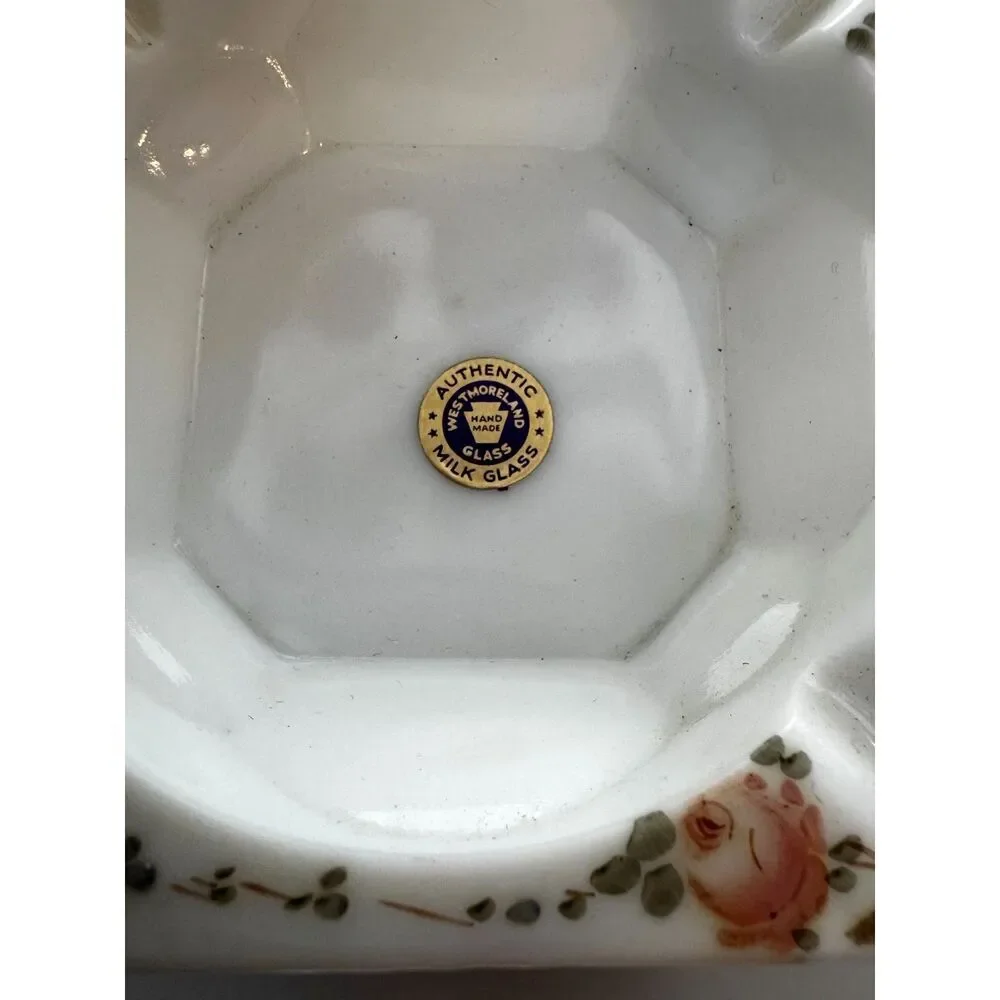Vintage Westmoreland milk glass ashtray; painted roses